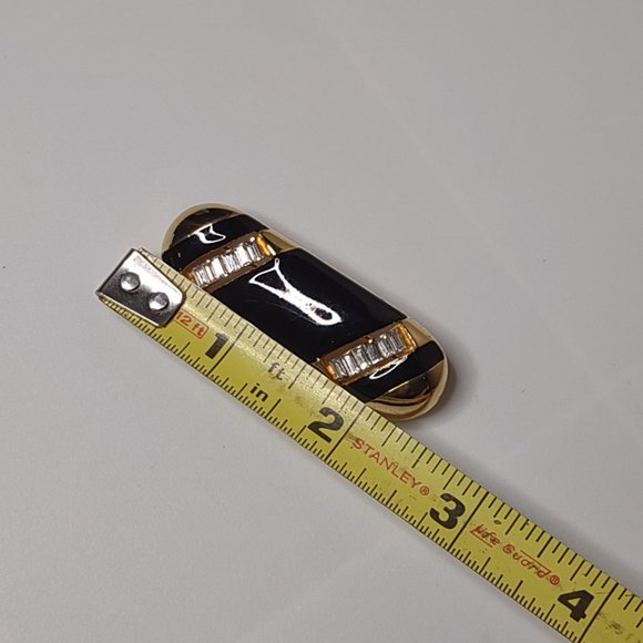 Black And Gold Tone Oval Brooch With Clear Rhinestones - Picture 8 of 14